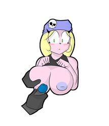 2016 anthro areola big_breasts blonde_hair blush breasts clothed clothing clothing_lift cute disembodied_penis erection exposed_breasts female fur hair hat headgear hi_res huge_breasts humanoid_penis long_hair looking_at_penis male mammal masturbation nipples penis pink_fur shirt shirt_lift simple_background skull solo_focus straight theicedwolf