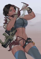 1female 2d ambush backpack blue_eyes bottomless brown_hair bug disarmed dissolving_clothes exposed_pussy facehugger_like_creature fear female gloves gun light-skinned_female overpowered partially_clothed_female science_fiction silk sticky struggling surprised thighhighs toned_female undressing zerogravitas