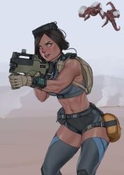 1female 2d aiming ambush backpack blue_eyes brown_hair bug clothed_female facehugger_like_creature female gloves gun light-skinned_female science_fiction shorts smiling thighhighs toned_female unsuspecting unsuspecting_victim zerogravitas