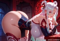 ai_generated balecxi bare_shoulders bent_over detached_sleeves facial_mark female green_eyes huge_ass huge_breasts irelia_xan league_of_legends long_hair looking_at_viewer multicolored_hair mythmaker_irelia mythmaker_series one_eye_closed patreon_username red_nails smile solo thick_thighs thighhighs white_hair