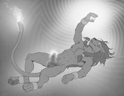 1boy abstract_background anthro athletic ball_tuft balls ballsack barefoot body_fur canine digitigrade erection final_fantasy final_fantasy_vii fire foreskin foreskin_folds forge_(artist) glowing glowing_eyes glowing_penis greyscale humanoid_penis intact leonine long_hair_male looking_up lying male male_nipples male_only male_pubic_hair mammal mane masculine mature_male mind_control monochrome nude_male on_back pawpads pecs penis red_xiii retracted_foreskin scrotum smooth_penis solo square_enix tail testicles thewielder uncut video_games