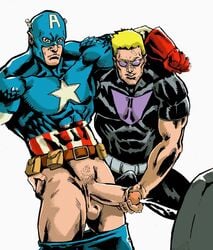 2boys abs bandage bandage_on_nose biceps blonde_hair blue_eyes bulge captain_america clint_barton clothed clothing cum cumshot erection_under_clothes gay handjob hawkeye holding_penis huge_cock male/male male_only marvel masturbating_other orgasm_from_handjob pants_down pecs penis steve_rogers thick_thighs tinted_eyewear uncut white_background yaoi