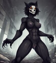 abs ai_generated anthro black_body canine_skull claws female_anthro fit_female fur furry malo pussy rataddict scales scp scp-1471 short_hair skull solo