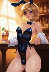 ai_generated alternate_version_available bar_(place) bar_counter blonde_hair blue_eyes bunny_ears bunnysuit crossdressing earrings femboy gekgroo_superball girly indoors leotard link looking_at_viewer playboy_bunny pointy_ears standing the_legend_of_zelda thick_thighs thighs trap wide_hips