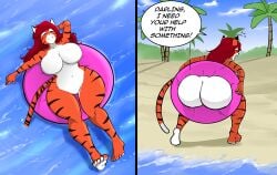 2d anthro ass ass beach big_ass big_breasts big_butt breasts butt_stuck completely_naked completely_nude embarrassed embarrassed_nude_female enf feline feline_humanoid female female_only furry furry_female giant_ass milf naked nude odile_nightingale pool_tube red_hair solo_female speech_bubble stuck stuck_in_object text the-stooge tiger voluptuous voluptuous_female