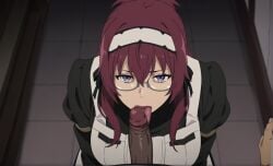 1boy 1girl ai_generated brown_penis dark-skinned_male indoors licking_penis lillia_greyrat mushoku_tensei zozo_2626