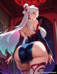 ai_generated back balecxi bare_shoulders detached_sleeves dress earrings female from_behind hair_ornament huge_ass irelia_xan jewelry large_breasts league_of_legends long_hair looking_at_viewer looking_back multicolored_hair mythmaker_irelia mythmaker_series patreon_username smile solo thighhighs thighs white_hair