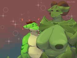 absurd_res anthro belly big_breasts breasts duo female genitals gynomorph hi_res intersex kobold lisikazima male male/female mature_female nipples nude scalie simple_background smile thick_thighs yoshai_the_kobold