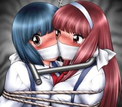 2d 2girls artist_request blue_hair blush bondage chains cloth_gag clothed clothed_female female female_only gag gagged heads_together lock long_hair over_the_mouth_gag red_hair rope rope_bondage short_hair tied_together