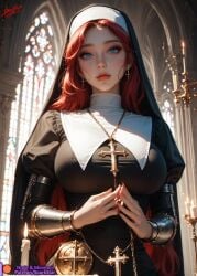 ai_generated armor big_lips blue_eyes candle church clothed cross freckles huge_breasts looking_at_viewer lustful_gaze nun red_hair spark_star