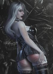 1female ass_focus ass_grab corset dbd dead_by_daylight female_only goth_girl leather_clothing long_fingernails looking_at_viewer miniskirt sable_ward silver_hair spank_marks