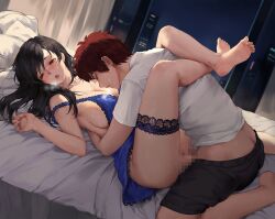 1boy barefoot bed black_hair black_shorts blue_nightgown breasts bridal_garter brown_eyes censored chihunhentai clothes_pull commentary female highres indoors kimi_no_na_wa. large_breasts leg_lock long_hair missionary miyamizu_mitsuha mosaic_censoring nightgown on_bed penis sex shorts shorts_pull sideboob straight sweat tachibana_taki vaginal_penetration window