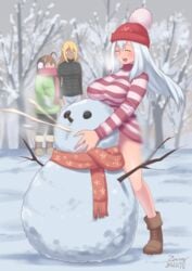 2016 3futas artist_name boots bottomless canavalia closed_eyes convenient_censoring cum cumshot ejaculation exhibitionism futanari group intersex kamiya_midori long_hair onlookers open_mouth opera_brest original outside snow snowman sweater white_hair zheng