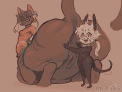 ambiguous_gender animal_genitalia animal_vulva anthro anus ass big_butt breasts brown_body duo ear_piercing ear_ring felid feline feline_genitalia feline_vulva female fur genitals hair hi_res hoop_ear_ring huge_butt looking_at_viewer looking_back looking_back_at_viewer mammal mvsnake nipples one_eye_closed piercing ponytail raised_tail ring_piercing size_difference smile split_form spread_anus spreading striped_body striped_fur stripes tail taur unknown_species vulva wink