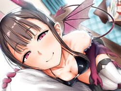 1boy 1girls aoi_tiduru armwear bangs bare_shoulder bare_shoulders bat bat_(animal) blue_curtains blurry blurry_background boner_in_pants breasts brown_hair cleavage closed_mouth collarbone commentary_request curtain curtains demon_girl demon_tail demon_wings elbow_gloves erect erect_penis erection erection_under_clothes erection_under_clothing eyebrows_visible_through_hair female female_humanoid femdom floor from_above gloves grabbing grabbing_penis hand_on_shoulder hands_on_shoulders heart_tail horn horns humanoid humanoid_hands indoors legwear long_hair long_hair_female looking_at_viewer magazine male_pov medium_breasts mouth_closed naughty_face non-human original pants penis_grab pink_eye pink_eyes pink_eyes_female pointy_chin pointy_ears pov pov_male purple_eyes purple_gloves see-through shirt sitting sitting_on_lap sitting_on_person smile solo_focus succubus succubus_horns succubus_tail succubus_wings table tail tease teasing teasing_penis teasing_viewer thick_thighs thighhighs thighs white_legwear white_shirt white_thighhighs wings wooden_floor