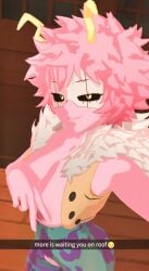 3d big_breasts bodysuit coat exposed_breasts exposed_nipples fousters mina_ashido pink_body pink_hair pink_nipples self_upload selfie yellow_eyes