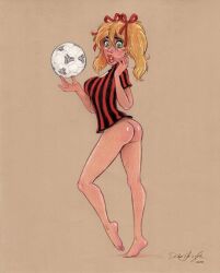 1female 1girl ass balloon blonde_female dean_yeagle female green_hair lips mandy_(dean_yeagle) no_pants red_lips red_ribbon ribbons soccer_ball soccer_shoes soccer_uniform sport sports_uniform twintails