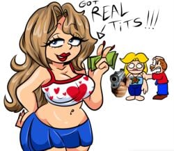 1boy 2024 2girls amanditas belly_button big_breasts bimbo blonde_hair breasts crop_top crystal_(sml) envy exposed_midriff gun holding_object hooker jealous jealous_female lipstick marvin_(sml) money rose_(sml) shitpost softcore supermariologan twitter wide_hips