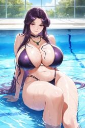 ai_generated bikini black_hair bruceler collar female female huge_breasts long_hair looking_at_viewer lying mature navel pandora_(saint_seiya) pose purple_hair red_eyes saint_seiya seductive_smile sweat voluptuous