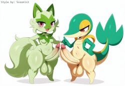 absurd_res ai_generated anthro anthrofied balls big_balls big_penis bodily_fluids breasts cum cumshot duo ejaculation erection eyelashes foreskin fur generation_5_pokemon generation_9_pokemon genital_fluids genitals green_body gynomorph hand_on_hip hellsonger hi_res huge_thighs humanoid_genitalia humanoid_penis intersex looking_at_viewer male mammal narrowed_eyes navel nintendo nude open_mouth penis pokemon pokemon_(species) pokemorph pupils red_eyes reptile short_stack simple_background smile snivy sprigatito teapot_(body_type) thick_thighs vein veiny_penis white_background wide_hips