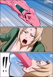 body_invasion clothing comic comic_page crossover dragon_ball dragon_ball_z female force_feeding khear majin_buu male male/female naruto naruto_(series) naruto_shippuden neck_bulge open_mouth pink_body shrunken_irises throat_bulge tsunade