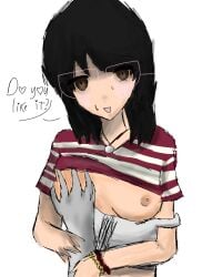 asian asian_female asking_viewer black_hair bracelet flower_necklace groping groping_breasts necklace pink_glasses red_bracelet ruby_bracelet self_harm self_harm_scars short_hair sketch small_breasts solo solo_female sona stephen_(stotchlove) undershirt vietnamese vietnamese_female yellow_bracelet