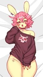 accessory blush bottomless breasts buckteeth choker clothed clothing clothing_pull dakimakura dakimakura_design ear_piercing eyelashes female finger_to_cheek fur hair hair_accessory heart_symbol hi_res jewelry lagomorph leporid mammal messy_hair mochabaebae necklace off_shoulder open_mouth piercing pillow_shading pink_hair pubes rabbit red_eyes ring skull_accessory skull_ear_ring solo sweater sweater_only tebu_(mochabaebae) teeth thick_thighs topwear topwear_only topwear_pull yellow_body yellow_fur