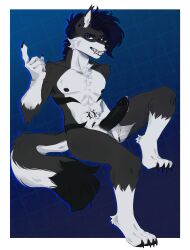 abs anthro aroused balls big_penis black_body black_fur black_nipples black_nose black_penis blue_eyes blue_hair bodily_fluids canid canine canis digital_media_(artwork) dripping ear_piercing fangs fur fur_markings genital_fluids genitals hair hi_res leaking_precum looking_at_viewer male mammal markings nannayke nipples pattern_background penis piercing precum simple_background solo spike_miller tattoo teasing teasing_viewer teeth white_balls white_body white_fur wolf