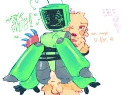 1boy 2d 2d_artwork blush blush breasts breasts breasts_out dandy's_world dandys_world female fluffy fluffy_chest freckles freckles_on_face goob_(dandy's_world) green_nipples held_up looking_up moan moaning overheating penis penis_in_pussy pleasure_face roblox robot robot_girl robot_humanoid sharp_claws sharp_teeth tv tv_head vee_(dandy's_world) white_background