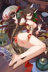 absurdres animal_ears anus ass barefoot bowl breasts brown_hair brown_kimono censored censored_anus closed_mouth commentary_request feet female fingernails folding_fan fox_ears fox_girl from_above fugue_(honkai:_star_rail) green_eyes hair_between_eyes hair_ornament hand_fan highres holding holding_fan honkai:_star_rail honkai_(series) indoors japanese_clothes kimono large_breasts legs_together long_hair looking_at_viewer lying mosaic_censoring navel nipples no_bra no_panties on_side paid_reward_available partial_commentary pussy smile solo stomach tingyun_(honkai:_star_rail) toes very_long_hair wood_cube