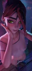 1girls 3d blush blush ear_piercing earring epic_games female female female_only fortnite fortnite:_battle_royale freckles freckles_on_face green_eyes hand_on_face helsie_(fortnite) light-skinned_female light_skin looking_at_viewer multicolored_hair nipples_visible_through_clothing painted_nails panties_around_leg panties_down partially_clothed ponytail see-through_clothing selfie shoes solo solo_female standing tagme tm04