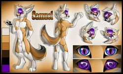 1boy animal_genitalia anthro balls canine english_text fox fully_sheathed gard3r looking_at_viewer male male_only mammal model_sheet multiple_images nude open_mouth sheath simple_background smile solo standing text tongue tongue_out