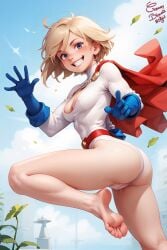 ai_assisted ass bare_legs barefoot belt blonde_hair blue_eyes blue_gloves breasts cape cleavage_cutout clothing_cutout covered_nipples creamybiscuit feet freckles gloves grin leaf leotard red_cape short_hair smile soles superhero toes