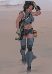 1female 2d blue_eyes brown_hair clothed_female female gloves gun light-skinned_female science_fiction