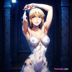 1girls ai_generated anime anime_girl artoria_pendragon artoria_pendragon_(fate) big_breasts breasts dress henhalla.com hentai solo solo_female young younger_female