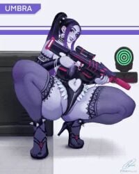 animated ass ass_jiggle big_ass big_breasts breasts edemevas goddess_of_victory:_nikke gun high_heels original purple_skin squatting thong umbra_(jinedem) vampire_girl