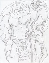 abs animal_genitalia anthro anthrofied armor athletic balls barazoku circumcised dudebulge duo facial_hair flaccid front_view greyscale hair headgear helmet holding_object holding_weapon humanoid_penis looking_at_viewer male mammal melee_weapon monochrome navel nintendo nipples nude pecs pencil_(artwork) penis pinup pokemon pose primate samurott sheath signature simisage size_difference staff standing sword thick_penis traditional_media_(artwork) video_games weapon yaoi