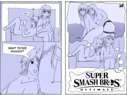 2girls comic comic_page completely_nude completely_nude_female english english_text glasses glasses_only lesbian_sex lidipon sofa strap-on strapon super_smash_bros. yuri