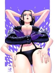 1girls bare_legs bare_thighs big_breasts black_hair blue_eyes borudbrian clothed clothing color female female_focus female_only hana_hana_no_mi hi_res large_breasts light-skinned_female light_skin long_hair looking_at_viewer nico_robin one_piece one_piece:_egghead_arc shounen_jump solo solo_female tagme thick_thighs