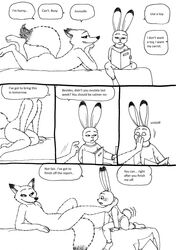 anthro bed bernielover black_and_white canine clothing comic disney female flat_chest fox fur judy_hopps lagomorph lying male mammal monochrome nick_wilde nude on_bed paper paws pussy rabbit rule_63 simple_background size_difference smile speech_bubble text white_background zootopia