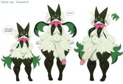 absurd_res ai_generated anthro balls big_balls big_breasts big_penis breasts clothing dialogue english_text erection foreskin fur generation_9_pokemon genitals green_body green_fur gynomorph hair hand_on_hip hellsonger hi_res humanoid_genitalia humanoid_penis intersex looking_at_viewer mammal meowscarada model_sheet navel nintendo penis pokemon pokemon_(species) simple_background solo speech_bubble standing text thick_thighs vein wide_hips