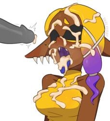 1girls after_fellatio after_oral after_orgasm bare_shoulders blue_tongue blush breasts bukkake closed_eyes clothed clothing cum cum_drip cum_in_mouth cum_on_breasts cum_on_clothes cum_on_face cum_on_hair cum_on_tongue cumshot dark-skinned_female dark_skin ear_piercing earrings ejaculation erection facial fangs female frye_(splatoon) genitals inkling long_ears nintendo open_mouth penis pointy_ears saliva saliva_on_face shelftray splatoon splatoon_(series) splatoon_3 steam steamy_breath thick_cum tongue tongue_out twitching twitching_penis yellow_hair