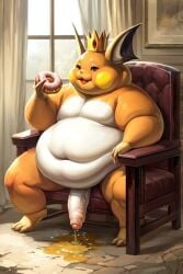 ai_generated chair crown donut eating eating_donut fat happy king nintendo overweight peeing pissing_on_floor pokemon pokemon_(species) raichu sitting sitting_on_chair tagme urine