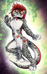 1boy animal_genitalia anthro balls collar fangs feline fully_sheathed gard3r leopard looking_at_viewer male male_only mammal nude open_mouth sheath simple_background smile solo spots teeth