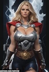 ai_generated armor artist_extrctai belly big_breasts blonde_hair blue_eyes cape choker cosplay digital_art fantasy female gauntlets long_hair metal_armor realistic ripped_pantyhose thick_thighs thor_(marvel) warrior