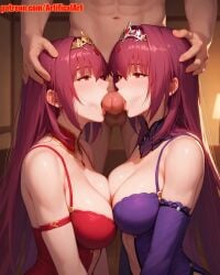 1boy 2girls ai_generated artifical_art balls blowjob blowjob_face double_blowjob fate/grand_order fate/stay_night fate_(series) group_sex licking licking_penis long_hair perfect_body purple_hair red_eyes saliva_on_penis scathach_(fate)