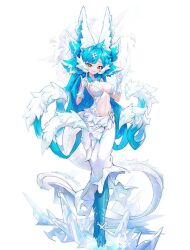 animal_ears animal_genitalia big_breasts blue_hair huge_breasts jewelry navel short_hair smile snow thighs white_hair yellow_eyes