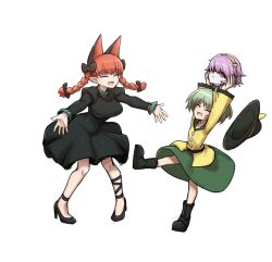 3girls :d animal_ears arms_up belt black_belt black_bow black_dress black_footwear black_hat boots bow braid breasts buttons cat_ears cat_girl closed_eyes commentary_request diamond_button dress extra_ears frilled_sleeves frills full_body green_hair green_skirt guro hairband hairbow hat highres holding_detached_head jigoku_no_soko_de_coffee_wo_nomu_neko juliet_sleeves kaenbyou_rin komeiji_koishi komeiji_satori long_hair long_sleeves medium_breasts multiple_girls open_mouth pink_hair pointy_ears puffy_sleeves red_hair severed_head shirt short_hair simple_background skirt smile touhou twin_braids variant_set white_background yellow_hairband yellow_shirt