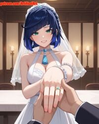 1girls ai_generated artifical_art blue_hair bride earrings genshin_impact green_eyes nail_polish perfect_body short_hair smile yelan_(genshin_impact)