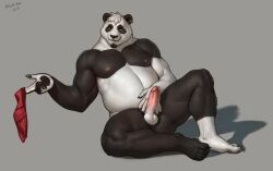 2023 aduran anthro balls bear belly big_belly black_body black_fur clothing dated ear_piercing ear_ring erection front_view fur genitals giant_panda grey_background hair hi_res holding_clothing holding_object holding_underwear humanoid_genitalia humanoid_penis looking_at_viewer male mammal mouth_closed muscular muscular_anthro muscular_male narrowed_eyes nipples nude overweight overweight_anthro overweight_male penis piercing presenting presenting_balls presenting_penis red_nipples red_penis ring_piercing shadow short_hair signature simple_background sitting solo spread_legs spreading underwear vein veiny_penis white_body white_fur white_hair